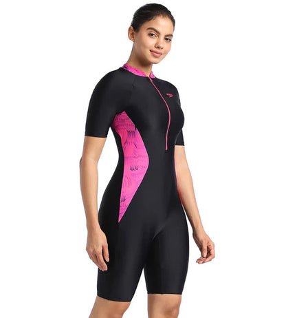 Speedo Women's Endurance Essential Panel Printed Kneesuit Swimwear - Navy