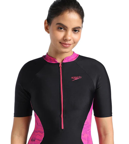 Speedo Women's Endurance Essential Panel Printed Kneesuit Swimwear - Navy